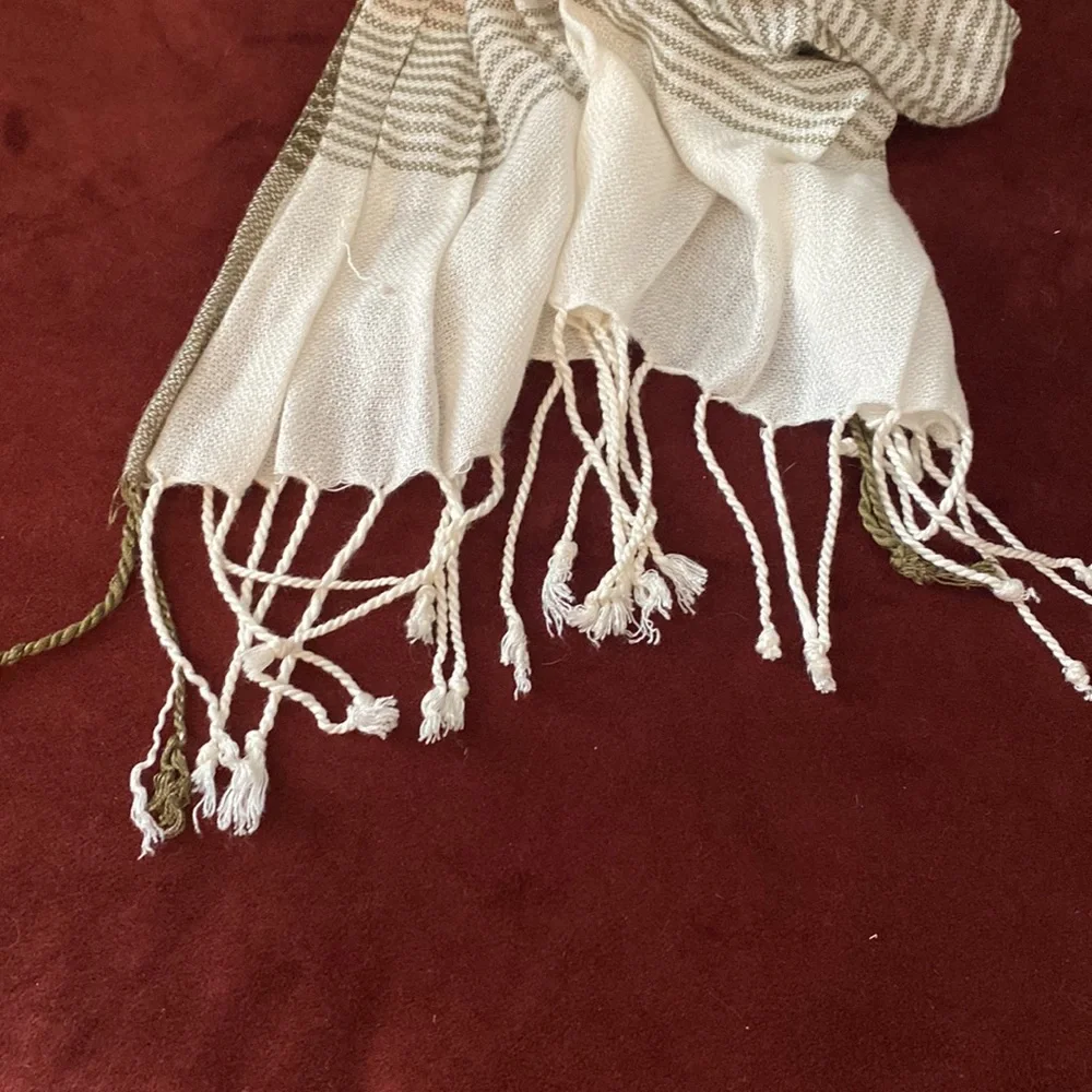 Maurices Cream Olive Stripe Lightweight Fringe Scarf Wrap Shawl Boho Coastal